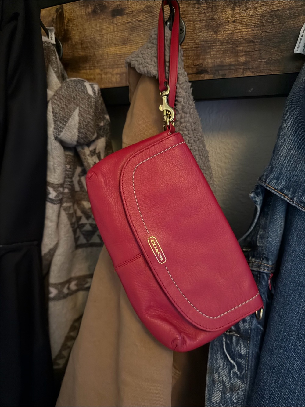 Coach Red Leather Wristlet Clutch with Gold Hardware